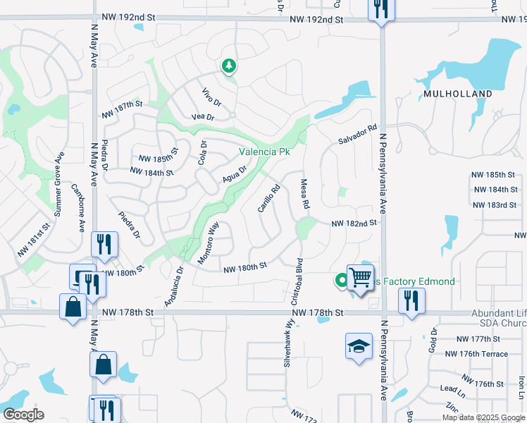 map of restaurants, bars, coffee shops, grocery stores, and more near 18400 Carillo Road in Edmond