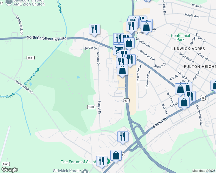 map of restaurants, bars, coffee shops, grocery stores, and more near 200 Castlewood Drive in Salisbury