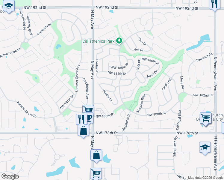 map of restaurants, bars, coffee shops, grocery stores, and more near 2805 Northwest 182nd Street in Edmond