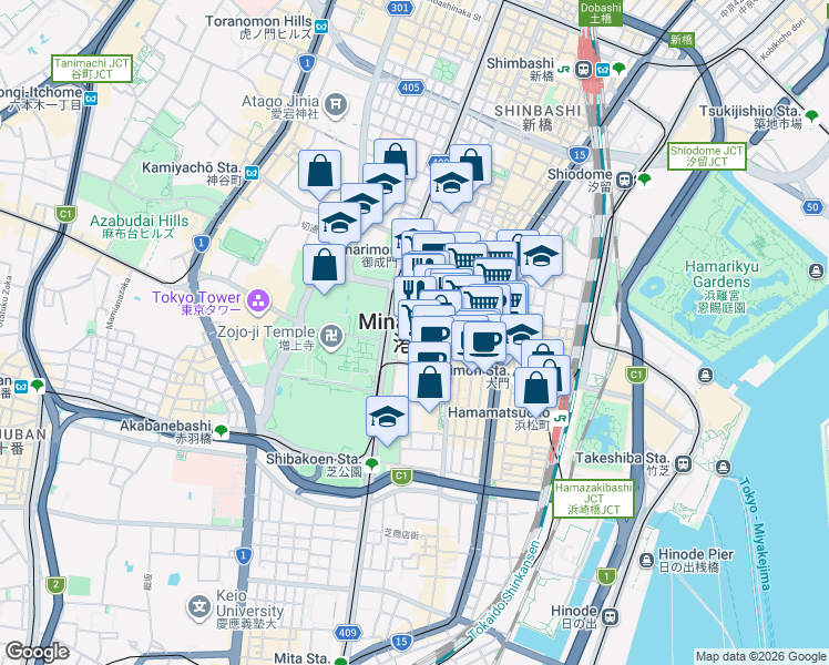 map of restaurants, bars, coffee shops, grocery stores, and more near in Minato City