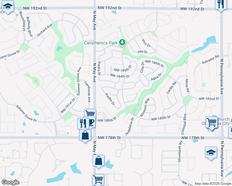 map of restaurants, bars, coffee shops, grocery stores, and more near 2805 Northwest 182nd Street in Edmond