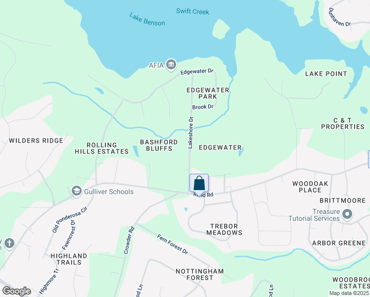 map of restaurants, bars, coffee shops, grocery stores, and more near 8108 Lake Shore Drive in Garner