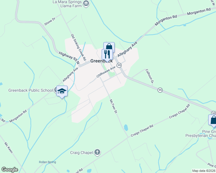 map of restaurants, bars, coffee shops, grocery stores, and more near 407 McTeer Street in Greenback