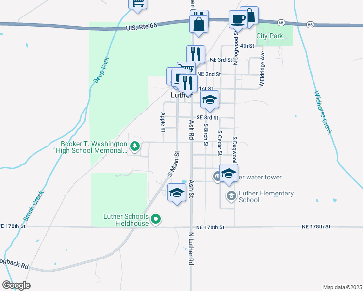 map of restaurants, bars, coffee shops, grocery stores, and more near 504 South Main Street in Luther