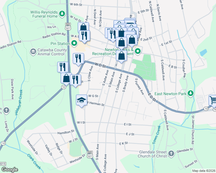 map of restaurants, bars, coffee shops, grocery stores, and more near 406 South Main Avenue in Newton