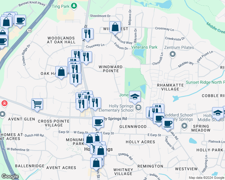 map of restaurants, bars, coffee shops, grocery stores, and more near 405 Saint Kitts Court in Holly Springs