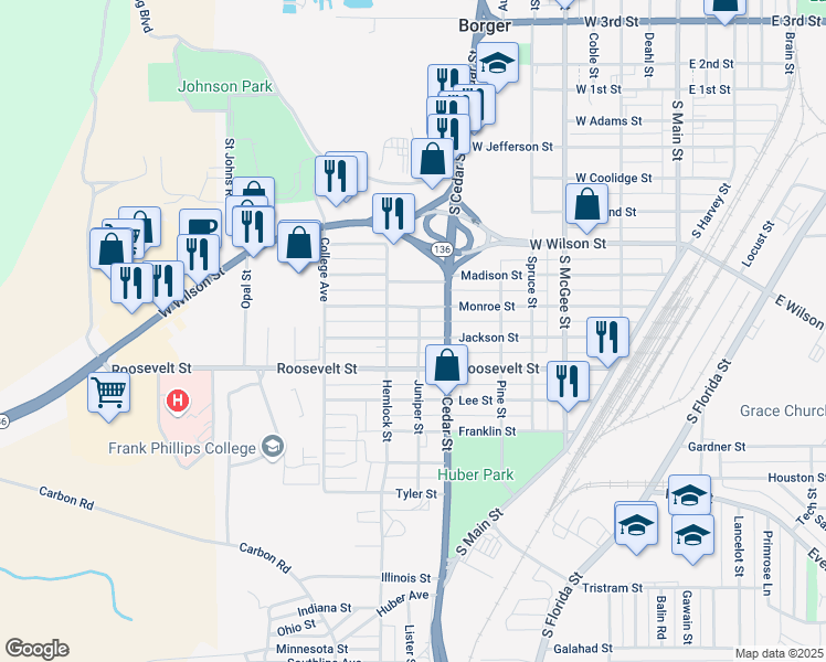 map of restaurants, bars, coffee shops, grocery stores, and more near 1000 Jackson Street in Borger