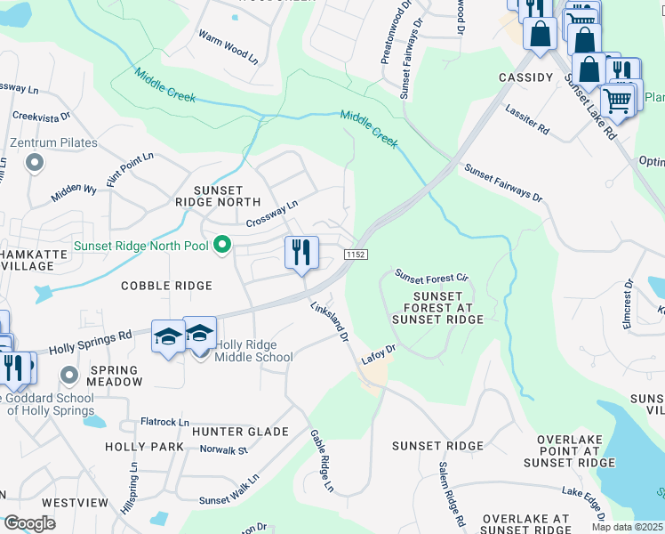 map of restaurants, bars, coffee shops, grocery stores, and more near 301 West Savannah Ridge Road in Holly Springs