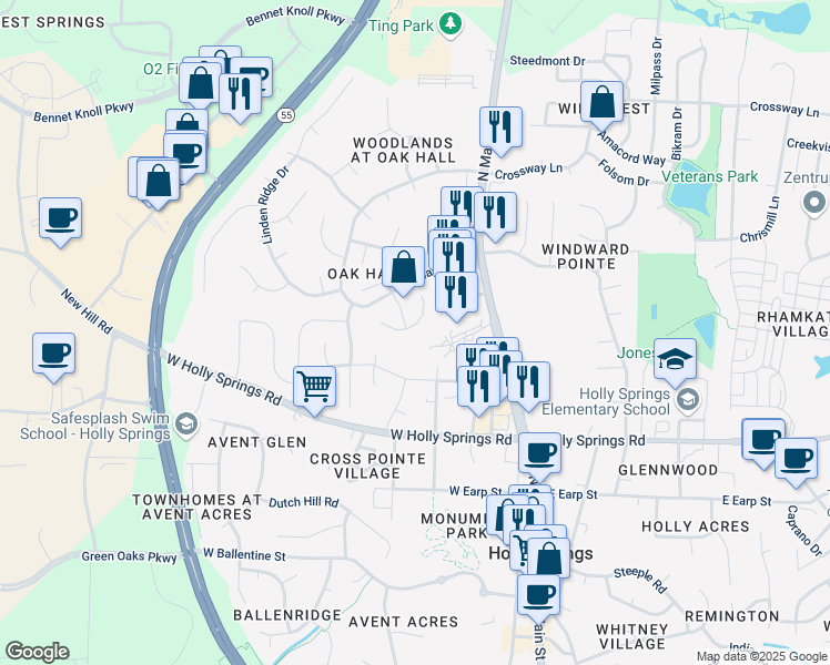 map of restaurants, bars, coffee shops, grocery stores, and more near 245 Hallwood Court in Holly Springs