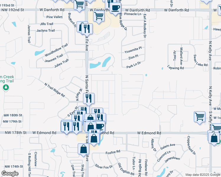 map of restaurants, bars, coffee shops, grocery stores, and more near 204 Grand Fork Road in Edmond