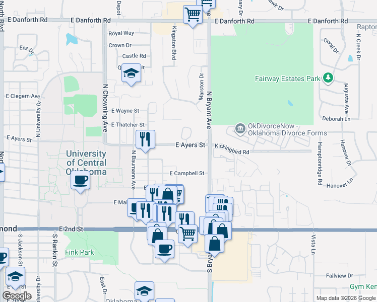 map of restaurants, bars, coffee shops, grocery stores, and more near 1300 East Ayers Street in Edmond