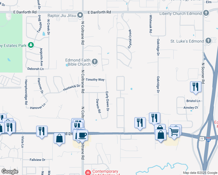map of restaurants, bars, coffee shops, grocery stores, and more near 300 Early Dawn Drive in Edmond