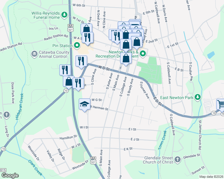 map of restaurants, bars, coffee shops, grocery stores, and more near 406 South Main Avenue in Newton