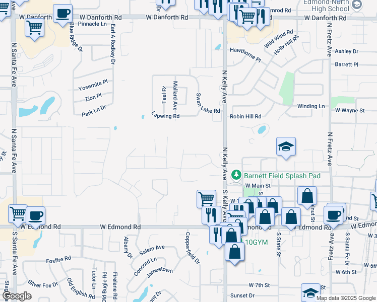 map of restaurants, bars, coffee shops, grocery stores, and more near 1101 Pruett Drive in Edmond
