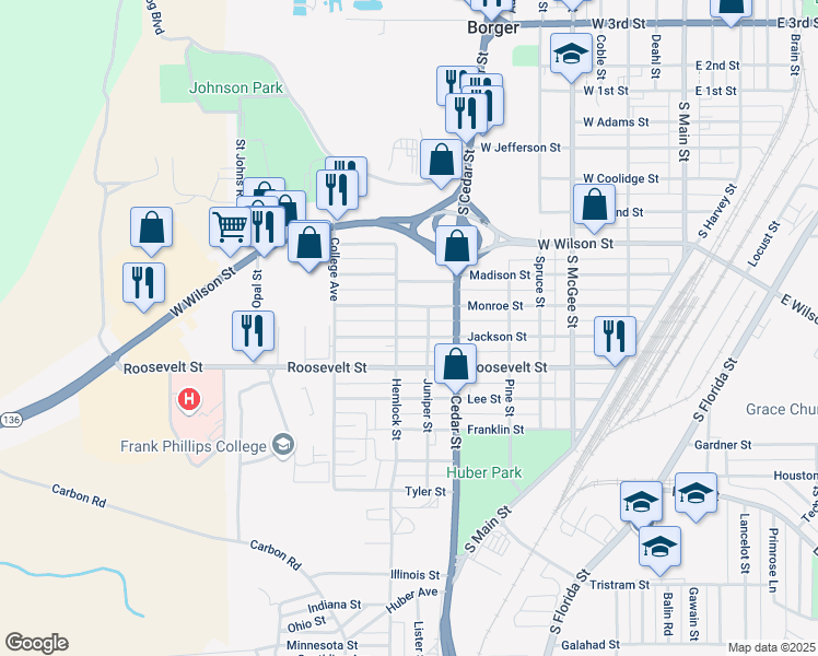 map of restaurants, bars, coffee shops, grocery stores, and more near 1000-1098 Jackson Street in Borger