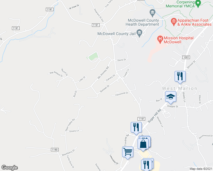 map of restaurants, bars, coffee shops, grocery stores, and more near 122 Sunset Drive in Marion