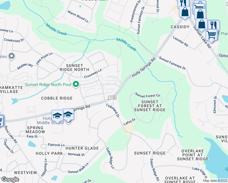 map of restaurants, bars, coffee shops, grocery stores, and more near 303 West Savannah Ridge Road in Holly Springs