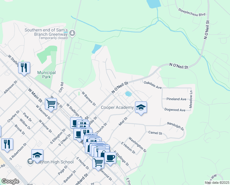 map of restaurants, bars, coffee shops, grocery stores, and more near 613 North O'Neil Street in Clayton