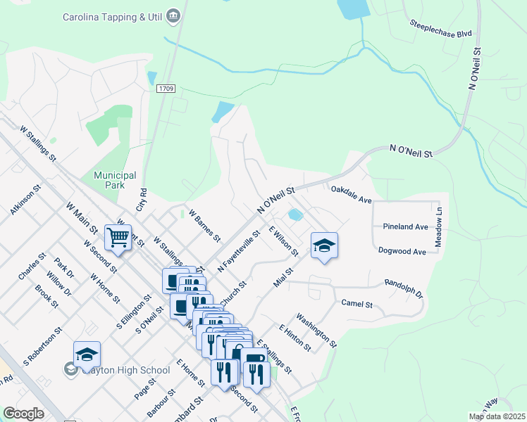map of restaurants, bars, coffee shops, grocery stores, and more near 625 North O'Neil Street in Clayton