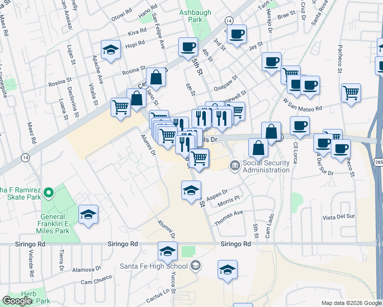map of restaurants, bars, coffee shops, grocery stores, and more near 1711 Llano Street in Santa Fe