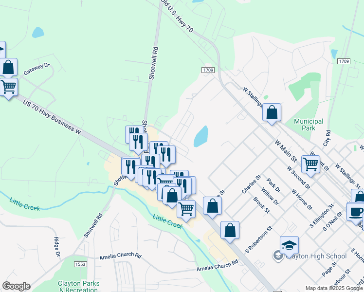 map of restaurants, bars, coffee shops, grocery stores, and more near 1127 Cameron Way in Clayton