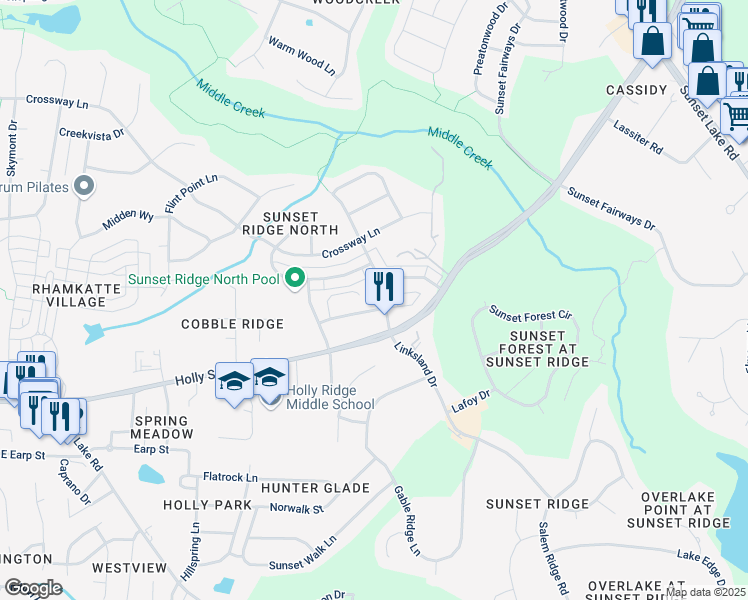 map of restaurants, bars, coffee shops, grocery stores, and more near 4920 Linksland Drive in Holly Springs