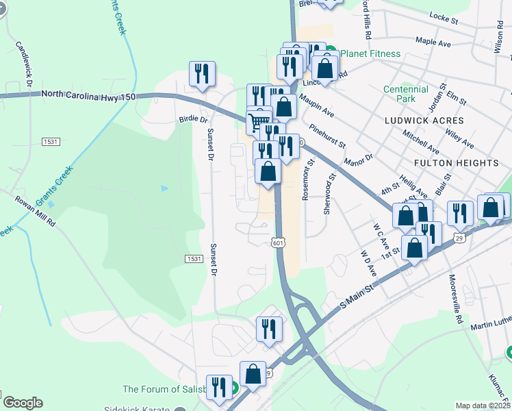 map of restaurants, bars, coffee shops, grocery stores, and more near 604 Colby Circle in Salisbury
