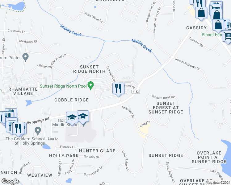map of restaurants, bars, coffee shops, grocery stores, and more near 112 Fountain Ridge Place in Holly Springs
