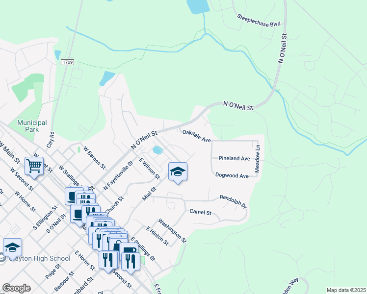 map of restaurants, bars, coffee shops, grocery stores, and more near 136 Rosemary Street in Clayton