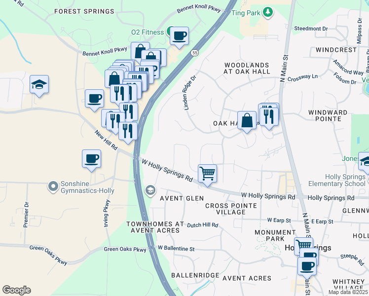 map of restaurants, bars, coffee shops, grocery stores, and more near 159 Hunston Drive in Holly Springs