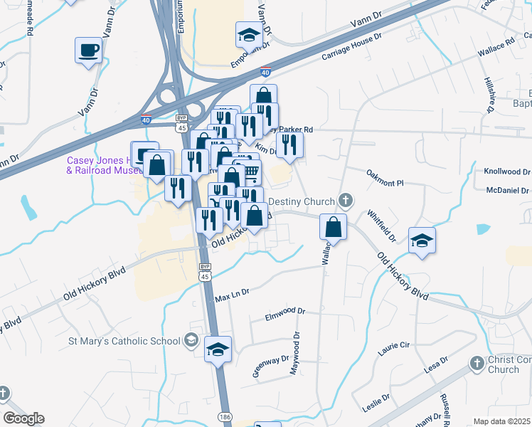 map of restaurants, bars, coffee shops, grocery stores, and more near 565 Old Hickory Boulevard in Jackson