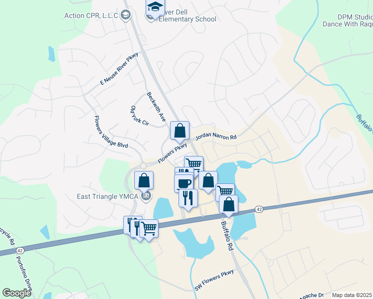 map of restaurants, bars, coffee shops, grocery stores, and more near 500 Flowers Parkway in Clayton