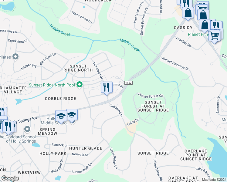 map of restaurants, bars, coffee shops, grocery stores, and more near 212 West Savannah Ridge Road in Holly Springs