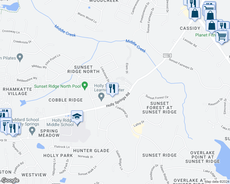 map of restaurants, bars, coffee shops, grocery stores, and more near 800 Savannah Ridge Road in Holly Springs