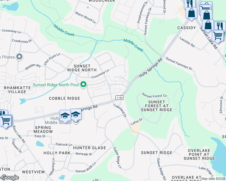 map of restaurants, bars, coffee shops, grocery stores, and more near 4920 Linksland Drive in Holly Springs