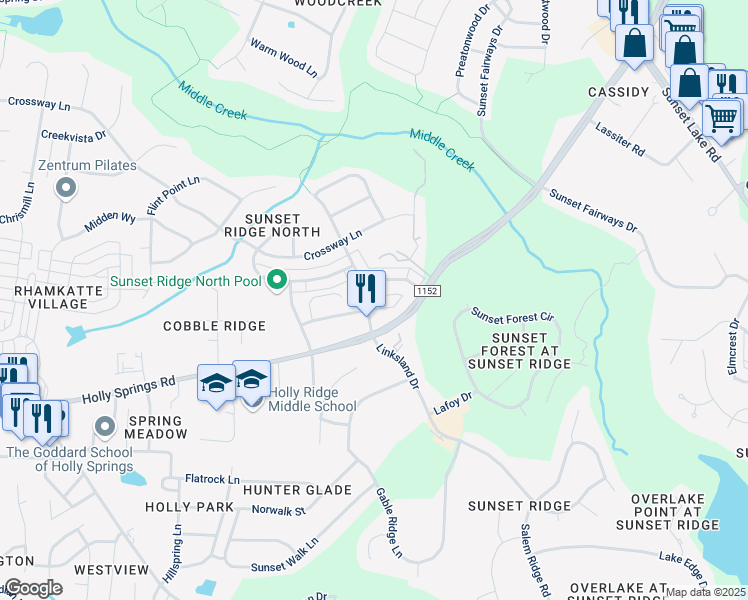 map of restaurants, bars, coffee shops, grocery stores, and more near 800 West Savannah Ridge Road in Holly Springs