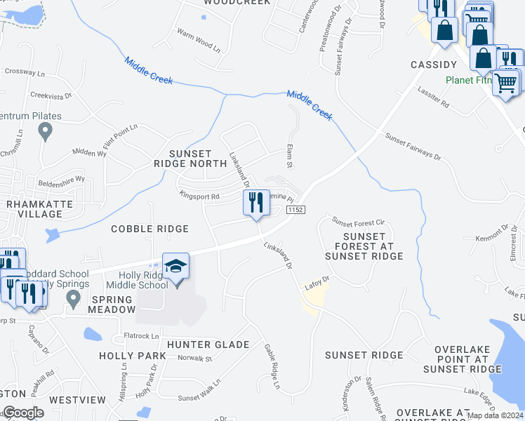 map of restaurants, bars, coffee shops, grocery stores, and more near 800 Savannah Ridge Road in Holly Springs