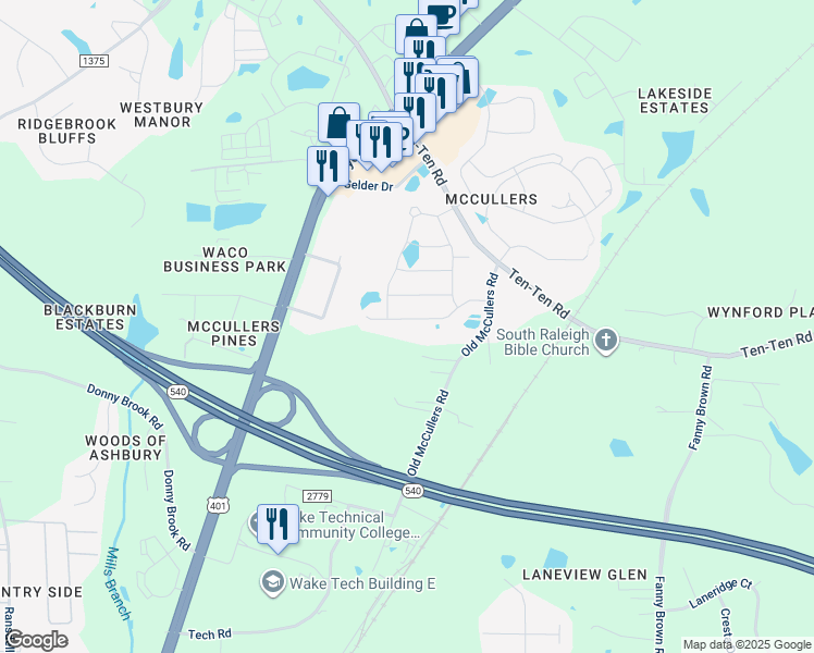 map of restaurants, bars, coffee shops, grocery stores, and more near 2051 Travern Drive in Raleigh