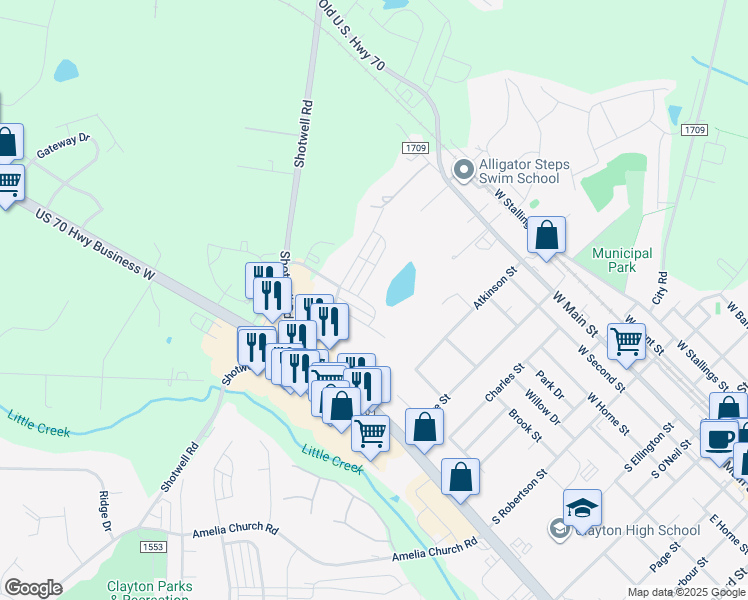 map of restaurants, bars, coffee shops, grocery stores, and more near 761 Enterprise Drive in Clayton