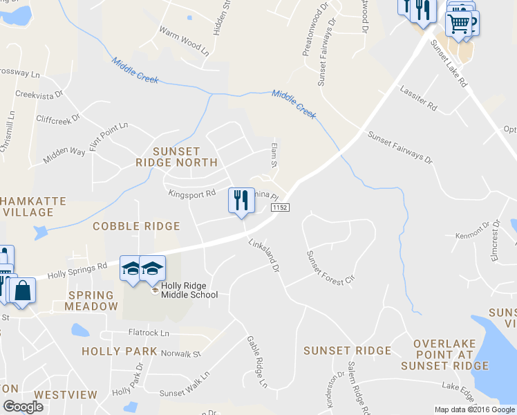 map of restaurants, bars, coffee shops, grocery stores, and more near 301 West Savannah Ridge Road in Holly Springs