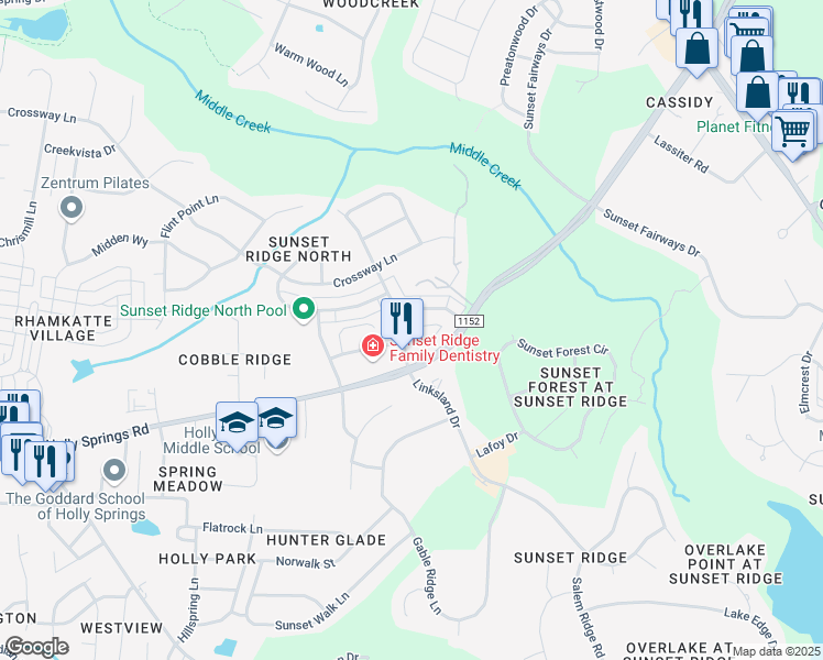 map of restaurants, bars, coffee shops, grocery stores, and more near 4920 Linksland Drive in Holly Springs