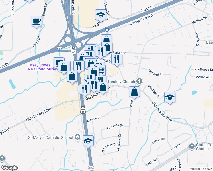 map of restaurants, bars, coffee shops, grocery stores, and more near 565 Old Hickory Blvd in Jackson