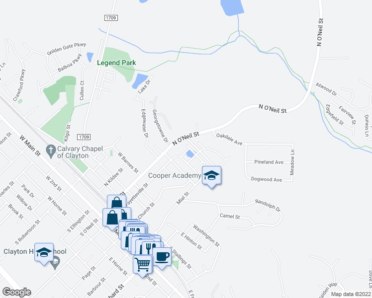 map of restaurants, bars, coffee shops, grocery stores, and more near 47 principal way in Clayton