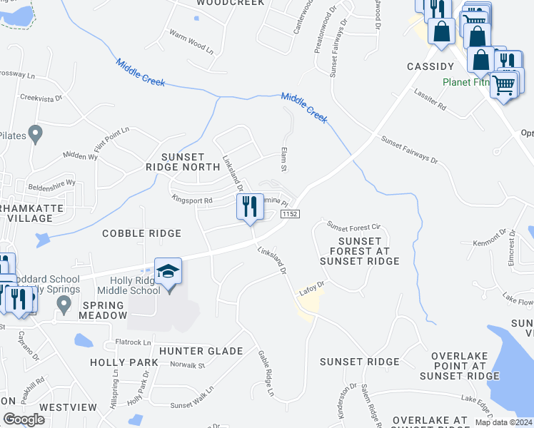 map of restaurants, bars, coffee shops, grocery stores, and more near 212 West Savannah Ridge Road in Holly Springs