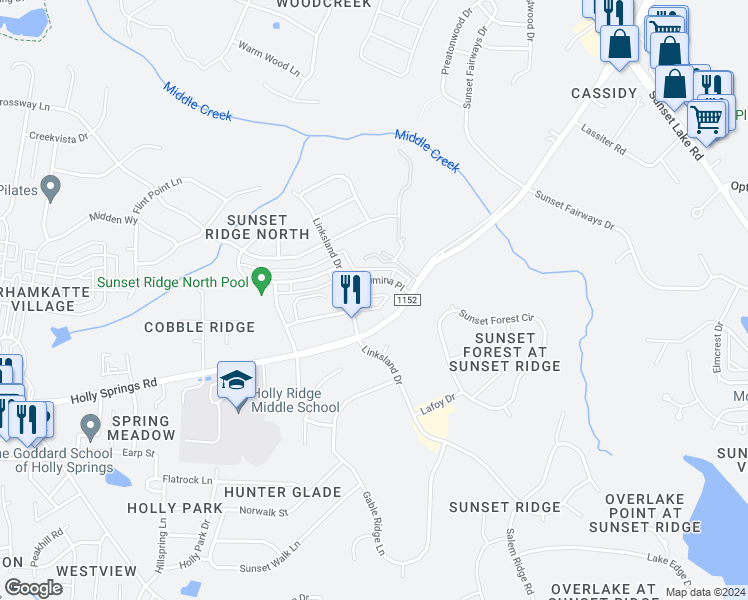 map of restaurants, bars, coffee shops, grocery stores, and more near 215 Savannah Ridge Road in Holly Springs