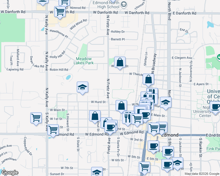 map of restaurants, bars, coffee shops, grocery stores, and more near 212 Fretz Avenue in Edmond