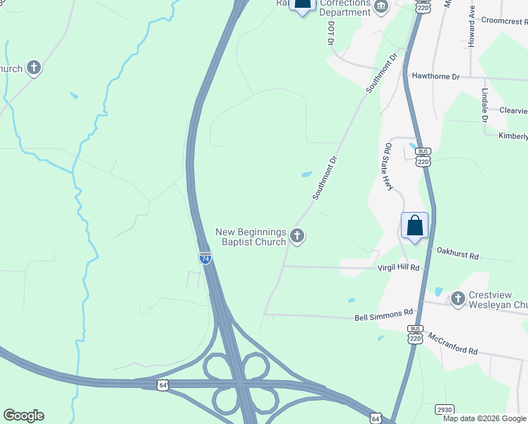 map of restaurants, bars, coffee shops, grocery stores, and more near 1342 Southmont Drive in Asheboro