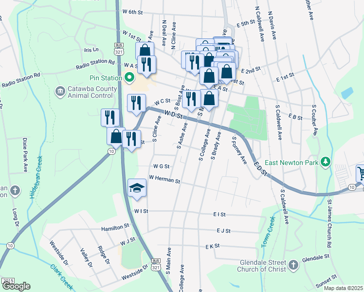 map of restaurants, bars, coffee shops, grocery stores, and more near South Ashe Avenue in Newton