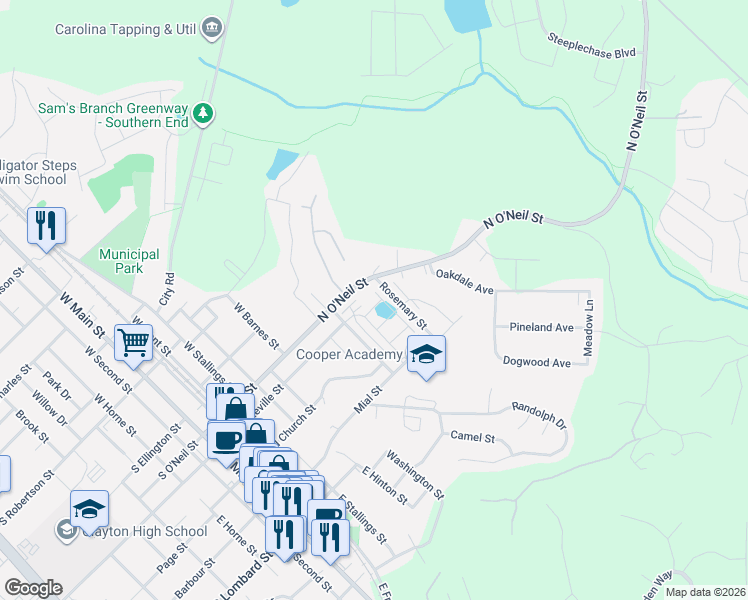 map of restaurants, bars, coffee shops, grocery stores, and more near 47 Principal Way in Clayton