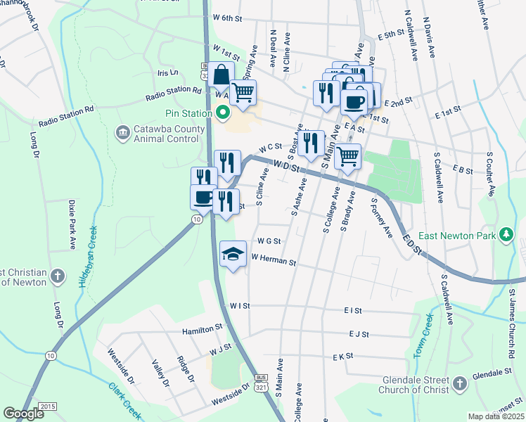 map of restaurants, bars, coffee shops, grocery stores, and more near 507 South Cline Avenue in Newton